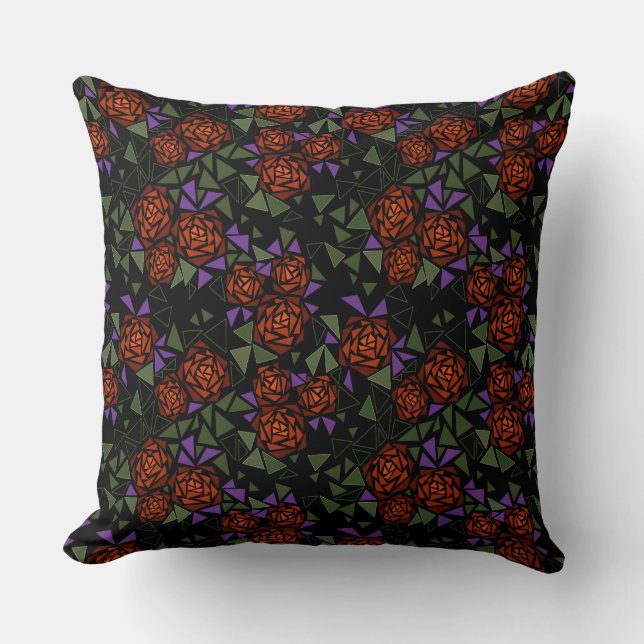 orange olive black mosaic floral pattern retro kissen (Vorderseite)