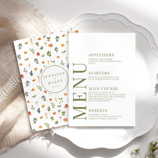 Orange Olive Green Floral Rustic Wedding Menu Card Begleitkarte