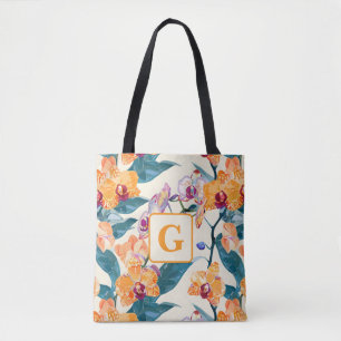 Orange Orchids Monogram Fleece Decke Tasche