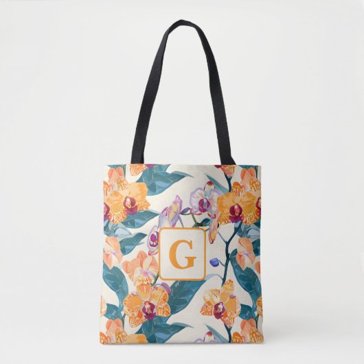 Orange Orchids Monogram Fleece Decke Tasche (Vorderseite)