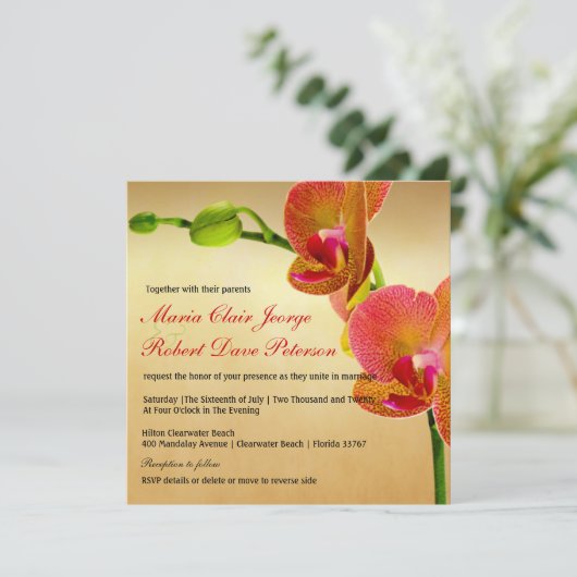 Orange Orchids Tropical Beach Hochzeit in Urlaubso Einladung (Stehend Vorderseite)