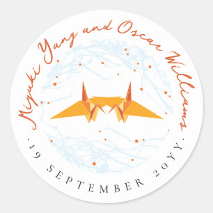 Orange Origami Paper Cranes Branches Asian Wedding Runder Aufkleber