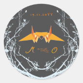 Orange Origami Paper Cranes Branches Asian Wedding Runder Aufkleber (Vorderseite)