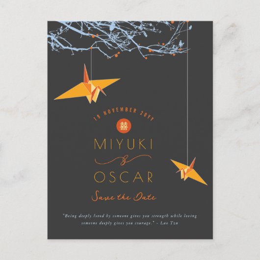 Orange Origami Paper Cranes Save the Date ändern Ankündigungspostkarte (Vorderseite)
