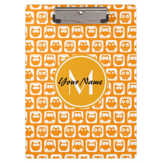 Orange Owls Custom Monogram Klemmbrett (Vorderseite)