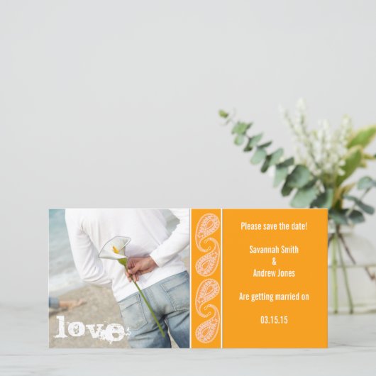 Orange Paisley Save the Date (Stehend Vorderseite)