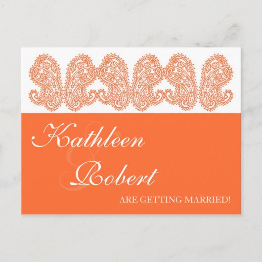 Orange Paisley Save the Date Postkarten (Vorderseite)