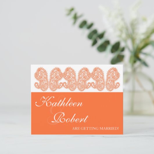 Orange Paisley Save the Date Postkarten (Stehend Vorderseite)