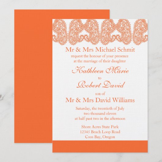 Orange Paisley Wedding Einladung (Vorne/Hinten)