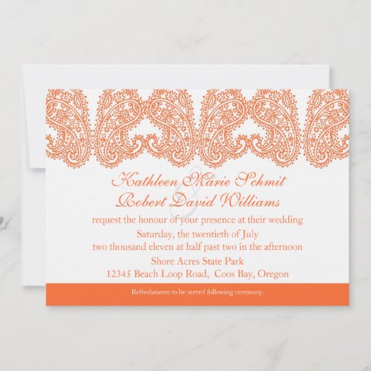 Orange Paisley Wedding Einladung (Vorderseite)