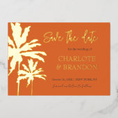 Orange Palm Trees Beach Hochzeit Save the Date Gol Folieneinladung (Vorderseite)