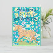 Orange Palomino Geburtstag III (Blume/aquamarin) Einladung (Stehend Vorderseite)