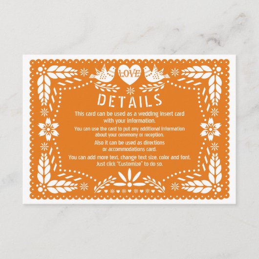 Orange Papel picado Liebhaber von Vögeln Hochzeits Begleitkarte (Vorderseite)