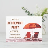 Orange Parasol Beach Chairs Ruhestand Party Einladung (Stehend Vorderseite)