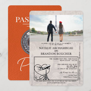 Orange Paris Passport Wedding Einladung