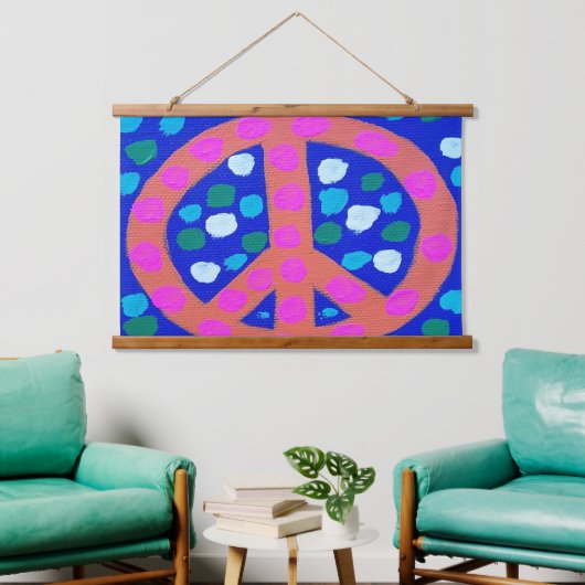 Orange Peace Sign auf Blue Wandteppich Mit Holzrahmen (Wohnzimmer)