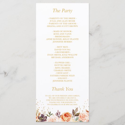 Orange Peach Autumn Gold Floral Wedding Program Programm (Rückseite)