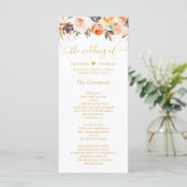 Orange Peach Autumn Gold Floral Wedding Program Programm (Stehend Vorderseite)