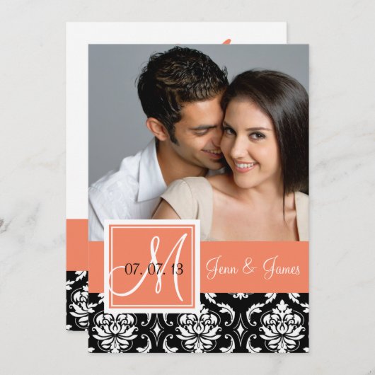 Orange Peach Black Damask Foto Save the Date (Vorne/Hinten)