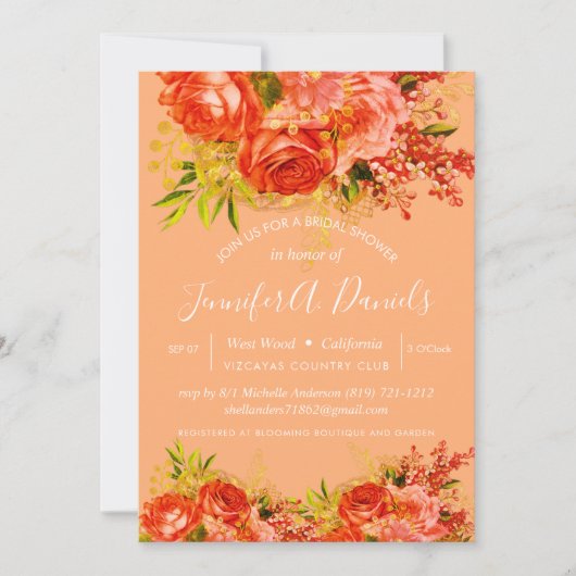Orange Peach Gold Foil Rose Brautparty Einladung (Vorderseite)