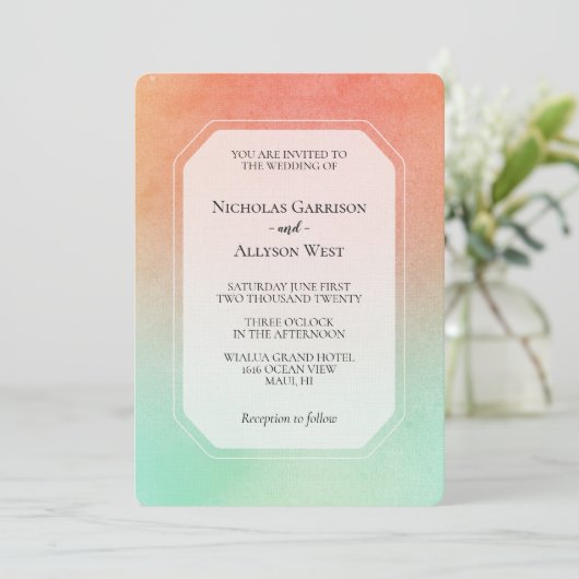 Orange Peach Mint Wedding Einladung (Stehend Vorderseite)