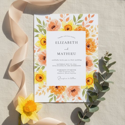 Orange Peach Painterly Blossom Wedding Einladung