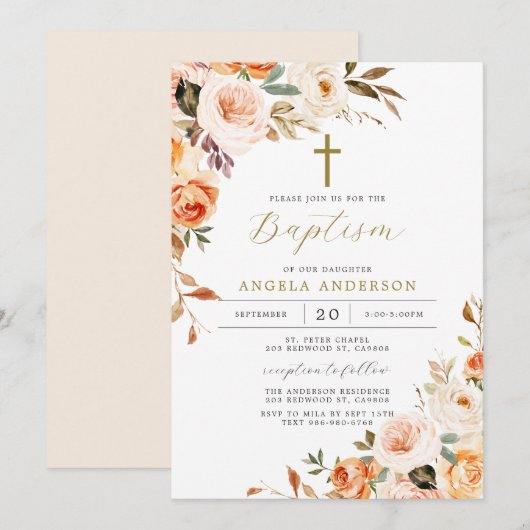 Orange Peach Taufen/Christening Einladung (Vorne/Hinten)