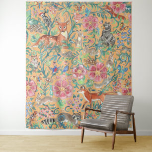 Orange Peach Woodland Animal Dex Fox Rabbit Groß Wandteppich