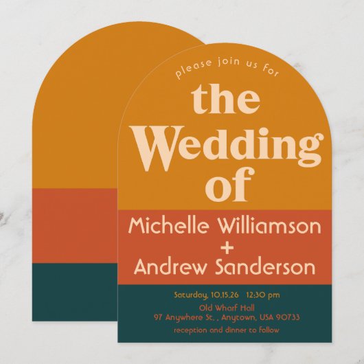 Orange Peacock Moderne Retro-Arched Einladung (Vorne/Hinten)