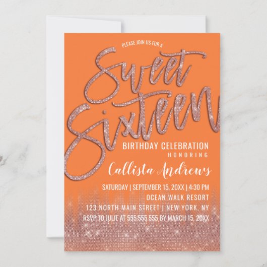 Orange Peel Rose Gold Glitzer Typografie Sweet 16 Einladung (Vorderseite)