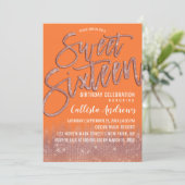 Orange Peel Rose Gold Glitzer Typografie Sweet 16 Einladung (Stehend Vorderseite)