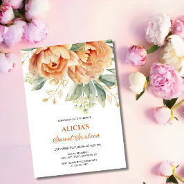 Orange Peony Gold Leaf Greenery 16. Geburtstag Einladung