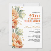 Orange Peony Gold Leaf Rustikales Blumengeburt Einladung (Vorderseite)