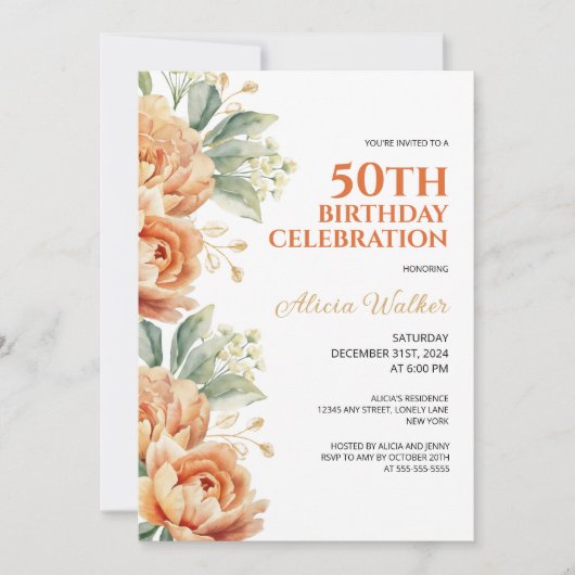 Orange Peony Gold Leaf Rustikales Blumengeburt Einladung (Vorderseite)