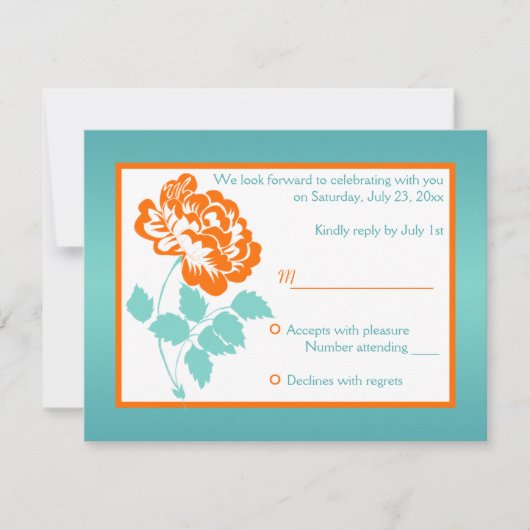 Orange Peony mit türkisfarbener Antwortkarte RSVP Karte (Vorderseite)