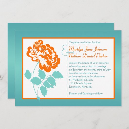 Orange Peony on Turquoise Wedite Einladung (Vorne/Hinten)