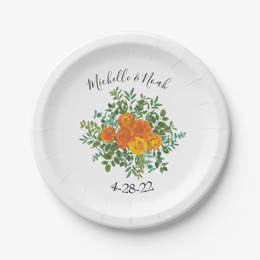 Orange Peony & Rose Floral Wedding Pappteller (Vorderseite)
