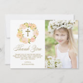 Orange Peony Wreath Gold Erstkommunion Dankeskarte (Vorderseite)