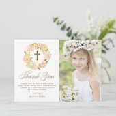Orange Peony Wreath Gold Erstkommunion Dankeskarte (Stehend Vorderseite)
