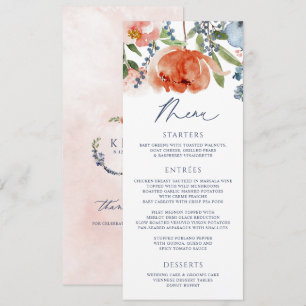 Orange Pfirsich Staubblau Garten Floral Hochzeit Menükarte