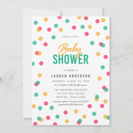 Orange Pink Aquamarin Confetti Babydusche Einladung (Vorderseite)