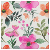 Orange Pink Aquarellfarben Blume Grün Blätter Weiß Stoff (Nahaufnahme)