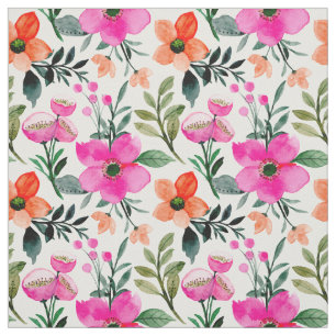 Orange Pink Aquarellfarben Blume Grün Blätter Weiß Stoff