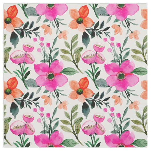 Orange Pink Aquarellfarben Blume Grün Blätter Weiß Stoff (Muster)