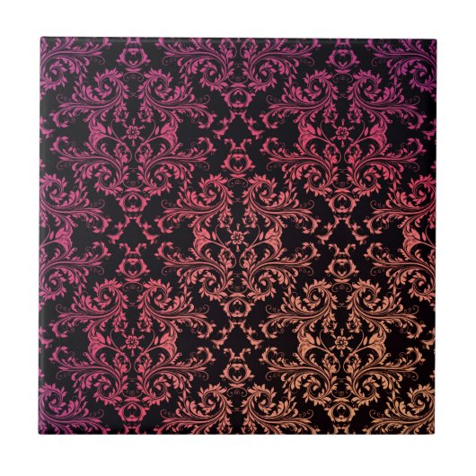 Orange Pink Black Damask Muster Fliese (Vorderseite)