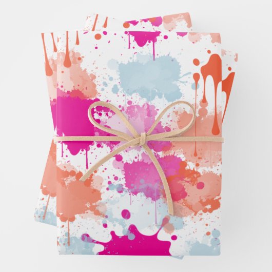 Orange Pink Blue Abstrakt Modern Paint Splash Geschenkpapier Set (Beispiel)