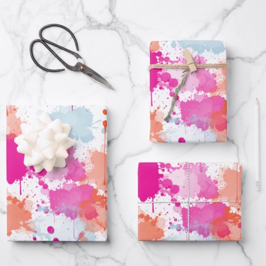 Orange Pink Blue Abstrakt Modern Paint Splash Geschenkpapier Set (Vorderseite)