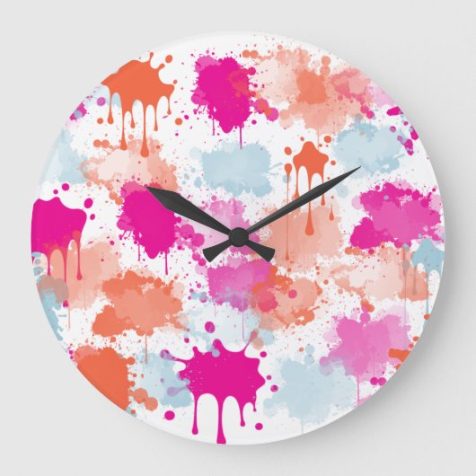 Orange Pink Blue Abstrakt Modern Paint Splash Große Wanduhr (Vorderseite)