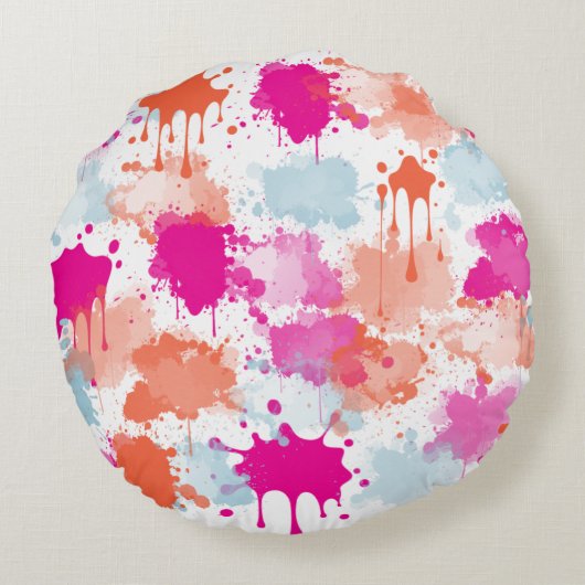 Orange Pink Blue Abstrakt Modern Paint Splash Rundes Kissen (Rückseite)