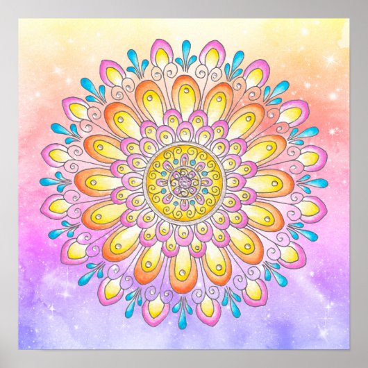 Orange Pink Blue Floral Watercolor Mandala Poster (Vorne)